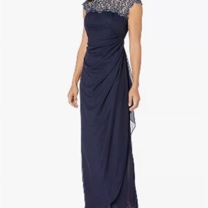 Alex Evenings Elegant Ling Cap Sleeve Navy Blue Evening Gown. Size 6